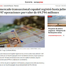 El mercado transaccional espaol registr hasta julio 1.597 operaciones por valor de 69.794 millones